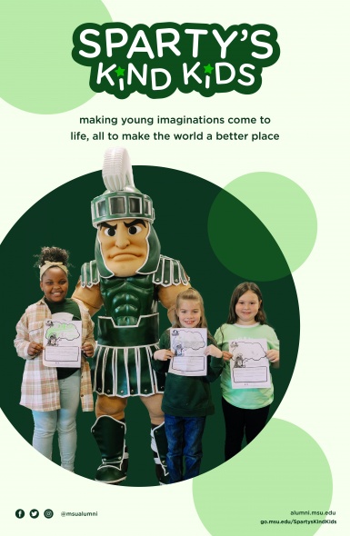 Photo of Sparty with kids holding a worksheet and the text, 