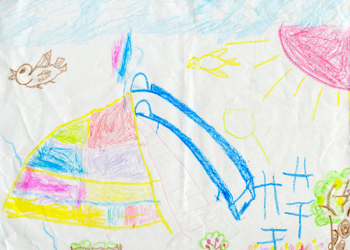 Child's crayon drawing of a playground with a slide and bird in the sky