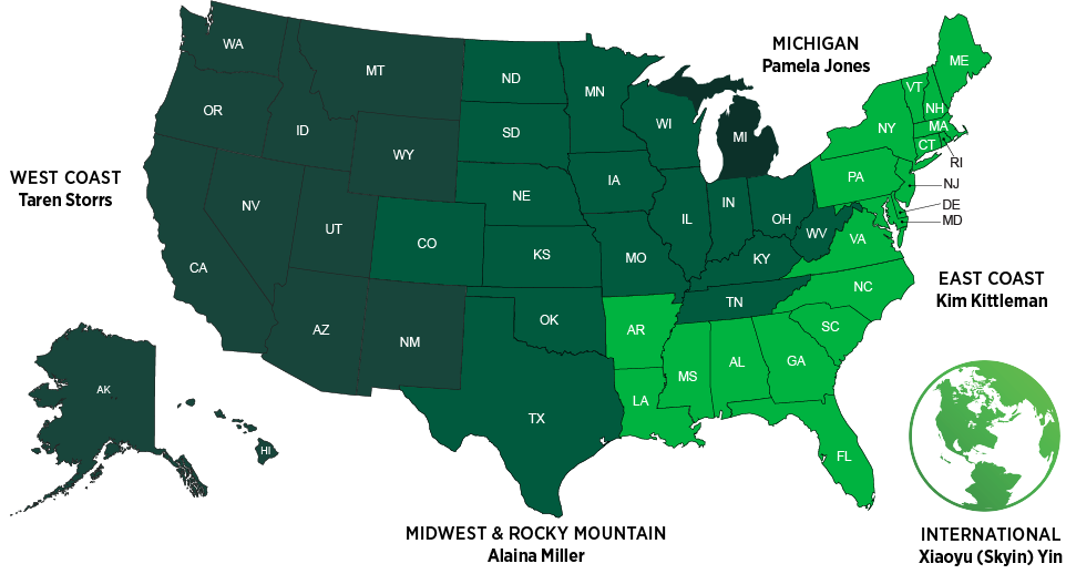 Map of the U.S. with Engagement Directors Listed | Alaina Miller - Midwest & Rocky Mountain | Pamela Jones - Michigan | Kim Kittleman - East Coast | Xiaoyu (Skyin) Yin - International | Taren Storrs - West Coast