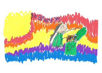 child's drawing of someone recycling with a colorful background and text that says "Go Sparty"